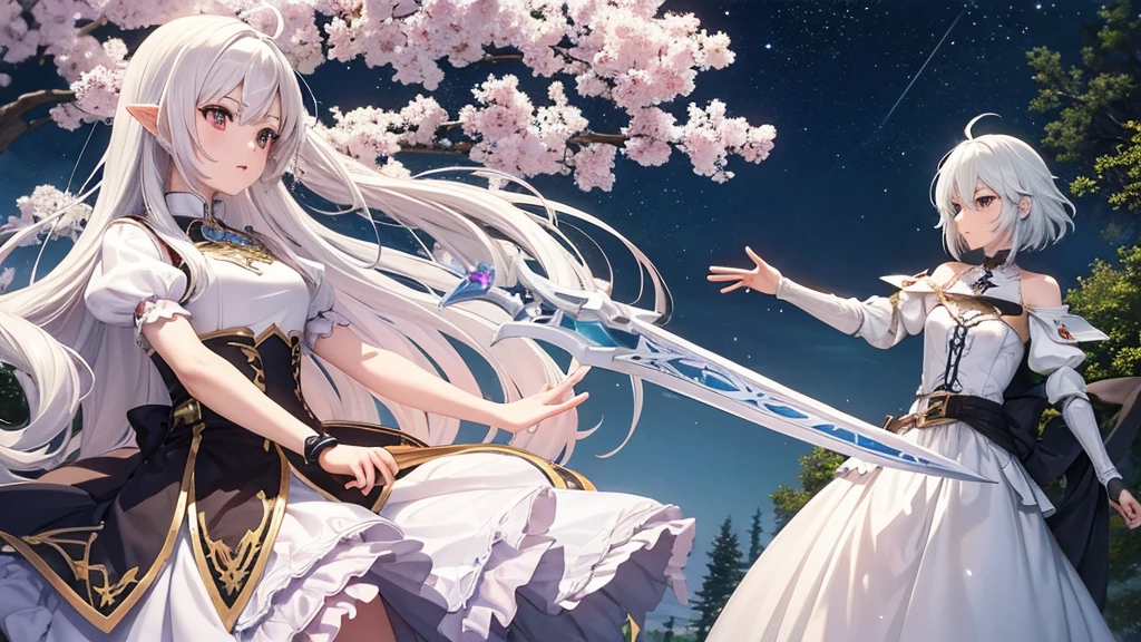 Fantasy　Sword and Magic　RPG　fellow　attack　White haired knight　Pink Hair Girl　Anime style