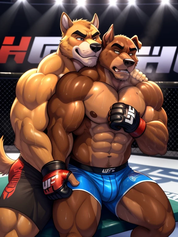 Duo male(Brown Dog vs Brown Dog, handsomes, Thick eyebrows), gay(Lying down, cuddling embraced from behind, legs tangled from behind, on a UFC match), hot(Shirtless), handsomes(They are handsomes, correct anatomy), musculosos(Big muscle bodies, Six packs, muscle abs, big pecs, muscle backs, muscle legs), sweaty(very sweaty wet bodies, shiny sweat), tatuajes(they have tattoos), Grumpy(Both have an grumpy expression, growling, steaming breath), UFC gloves(They both are wearing red UFC gloves), UFC boxers(They both are wearing boxers), Hight resolution, by(Zourik:1.1)