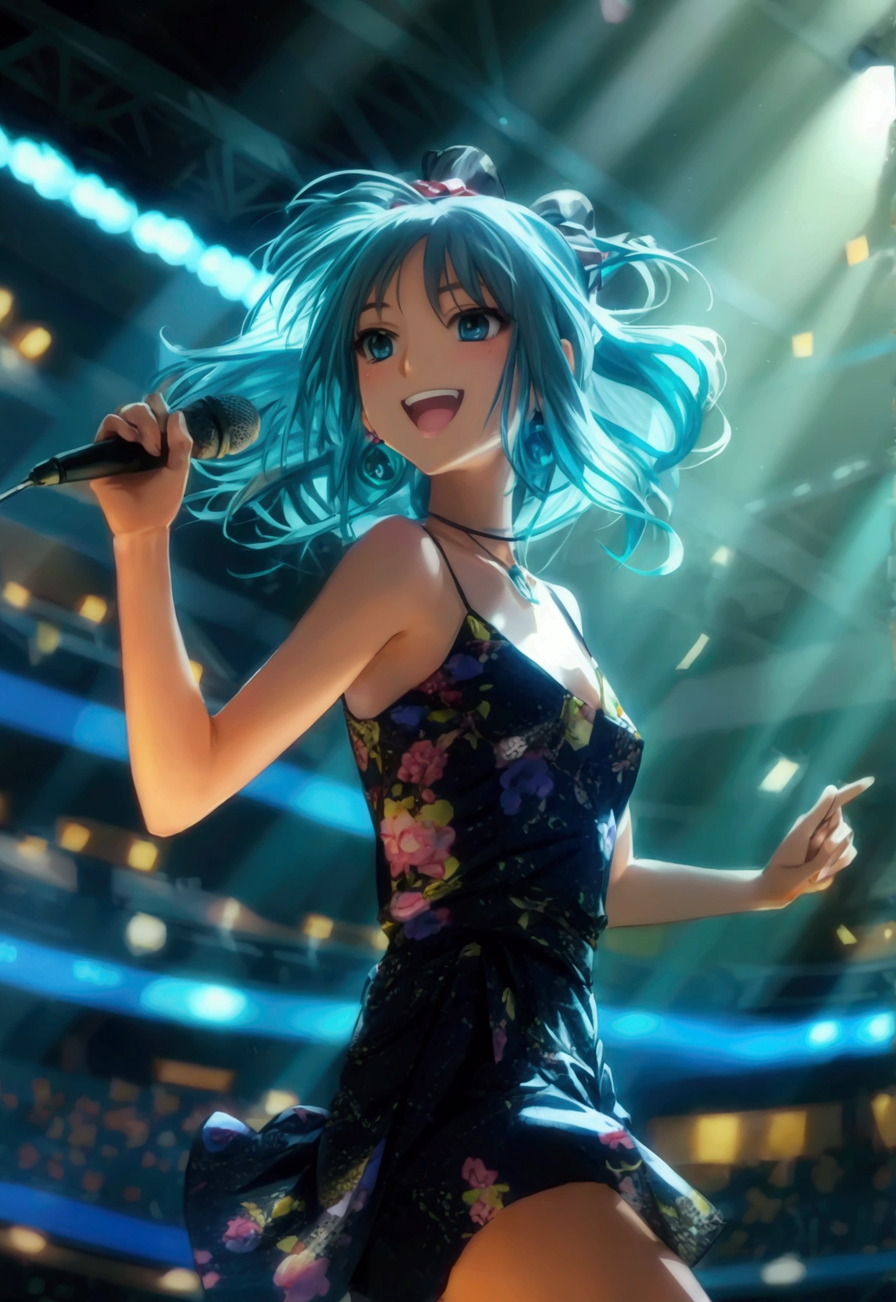 Animated woman with blue-green hair, arena, live music venue, singing, microphone, jumping,
break
Animation style, anime style, young anime woman, smiling, semi short hair, digital anime illustration, bangs, crystal hair, shiny hair
break
white dress, snowflake earrings, serious, shining, reflected light, ((flat chest)), ((flat chest))
break
Guitar, long straight pink hair, droopy eyes, blue eyes, pink kimono with white frills, cherry blossom pattern, female
break
Gray hair, ponytail, 20s female, drums, playing,