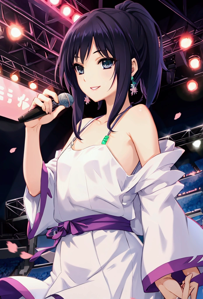 Animated woman with blue-green hair, arena, live music venue, singing, microphone, jumping,
break
Animation style, anime style, young anime woman, smiling, semi short hair, digital anime illustration, bangs, crystal hair, shiny hair
break
white dress, snowflake earrings, serious, shining, reflected light, ((flat chest)), ((flat chest))
break
Guitar, long straight pink hair, droopy eyes, blue eyes, pink kimono with white frills, cherry blossom pattern, female
break
Gray hair, ponytail, 20s female, drums, playing,