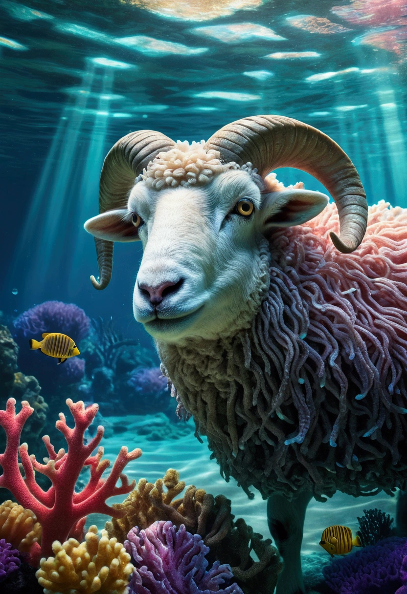 masterpiece,top-quality,Big underwater sheep,Deep sea scenery,Beautiful detailed eyes,Ultra-detailed wool,Floating seaweed,dreamy colors,Soft lighting,hight resolution,nffsw,Ethereal scene in the water,Marine life,Mysterious atmosphere,Tranquility and peace,Underwater coral reefs,Sunlight penetrating the surface of the water,Onylic Landscape,Dreamy underwater journey,Bright blue tones,Magical creatures,peaceful expression