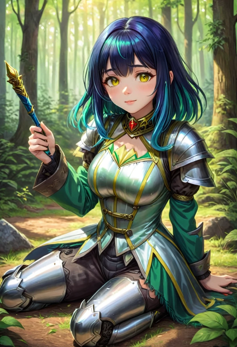 A forest landscape with many shades of green and yellow highlights, a woman with dark brown eyes, medium-long black hair with a fringe, half black, half blue, and blue locks from the fringe to the lock, with a white pointed cap and a long colored suit. green and a white wand in his hands , very happy with a medieval tone realistic cartoon style .and behind in the background a suit of armor sitting and disarmed on the ground lying