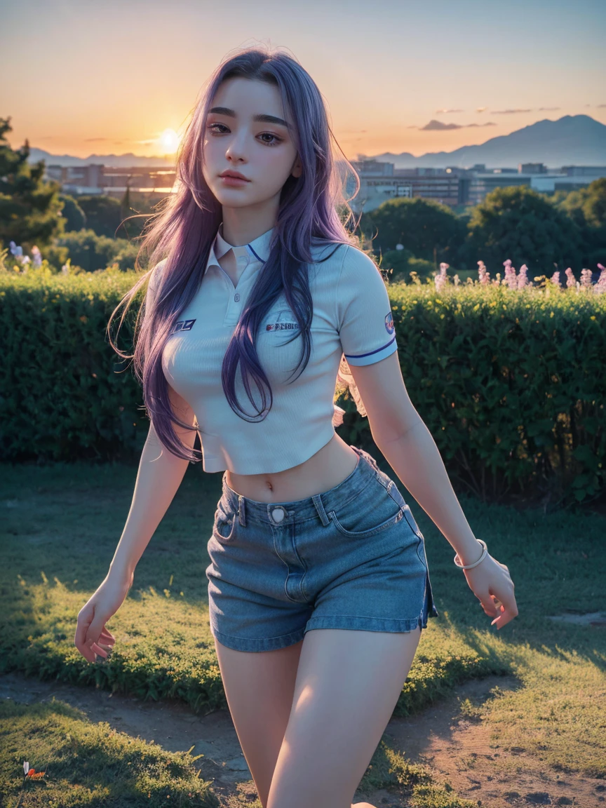 (1 lady), The beautiful, (Best quality at best:1.4), (ultra - detailed), (extremely detailed CG unified 16k), ((masterpiece)), ((best quality)), ((highres)), ((detailed background)), solo, gym woman body, natural lighting, sunset, (ichinose kotomi, amazingly attractive, perfect body), clannad uniform, blue skirt, black socks, hair ornaments, RAW UHD 8k photography, tarankaaa, not Dasha Taran, 1girl blueish purple hair, library background, hyper realistic, realistic cinematic face, head to feet long wide zoomed out view, full body long view, photorealistic, gorgeous, extremely beautiful face, perfect model beauty, (amazing legs, strong legs, athletic legs), combat boots, clear and well-cared skin