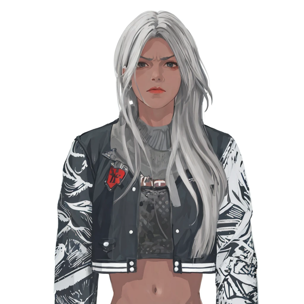 (masterpiece:1.2, best quality), (1girl, solo, upper body:1.2),angry face,Hair: buzz cut, Clothing: oversized, distressed denim jacket with patches and pins, paired with black skinny jeans and combat boots, Hanging out in an underground music venue or street art exhibit