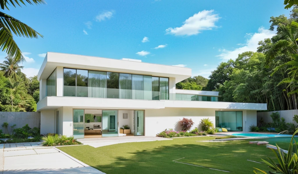 MODERN HOUSE, A wide-angle shot shows the front view of a contemporary two-story villa with glass windows, surrounded by lush greenery. It features an outdoor pool area with natural light. Stone pathways lead to the swimming pool in the yard, adorned with vibrant plants, Taken on a Cn EOS R5, white wall, concrete, ((big front yard)), daylight, in the morning