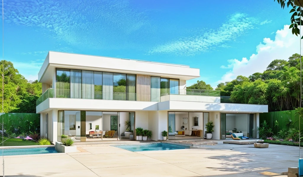 MODERN HOUSE, A wide-angle shot shows the front view of a contemporary two-story villa with glass windows, surrounded by lush greenery. It features an outdoor pool area with natural light. Stone pathways lead to the swimming pool in the yard, adorned with vibrant plants, Taken on a Canon EOS R5, white wall, concrete, ((big front yard)), daylight, in the morning