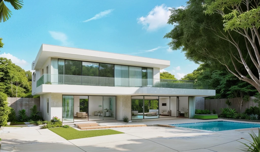 MODERN HOUSE, A wide-angle shot shows the front view of a contemporary two-story villa with glass windows, surrounded by lush greenery. It features an outdoor pool area with natural light. Stone pathways lead to the swimming pool in the yard, adorned with vibrant plants, Taken on a Canon EOS R5, white wall, concrete, ((big front yard)), daylight, in the morning