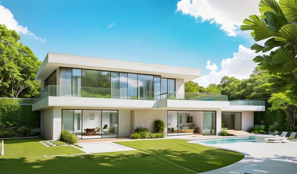 MODERN HOUSE, A wide-angle shot shows the front view of a contemporary two-story villa with glass windows, surrounded by lush greenery. It features an outdoor pool area with natural light. Stone pathways lead to the swimming pool in the yard, adorned with vibrant plants, Taken on a Canon EOS R5, white wall, concrete, ((big front yard)), daylight, in the morning