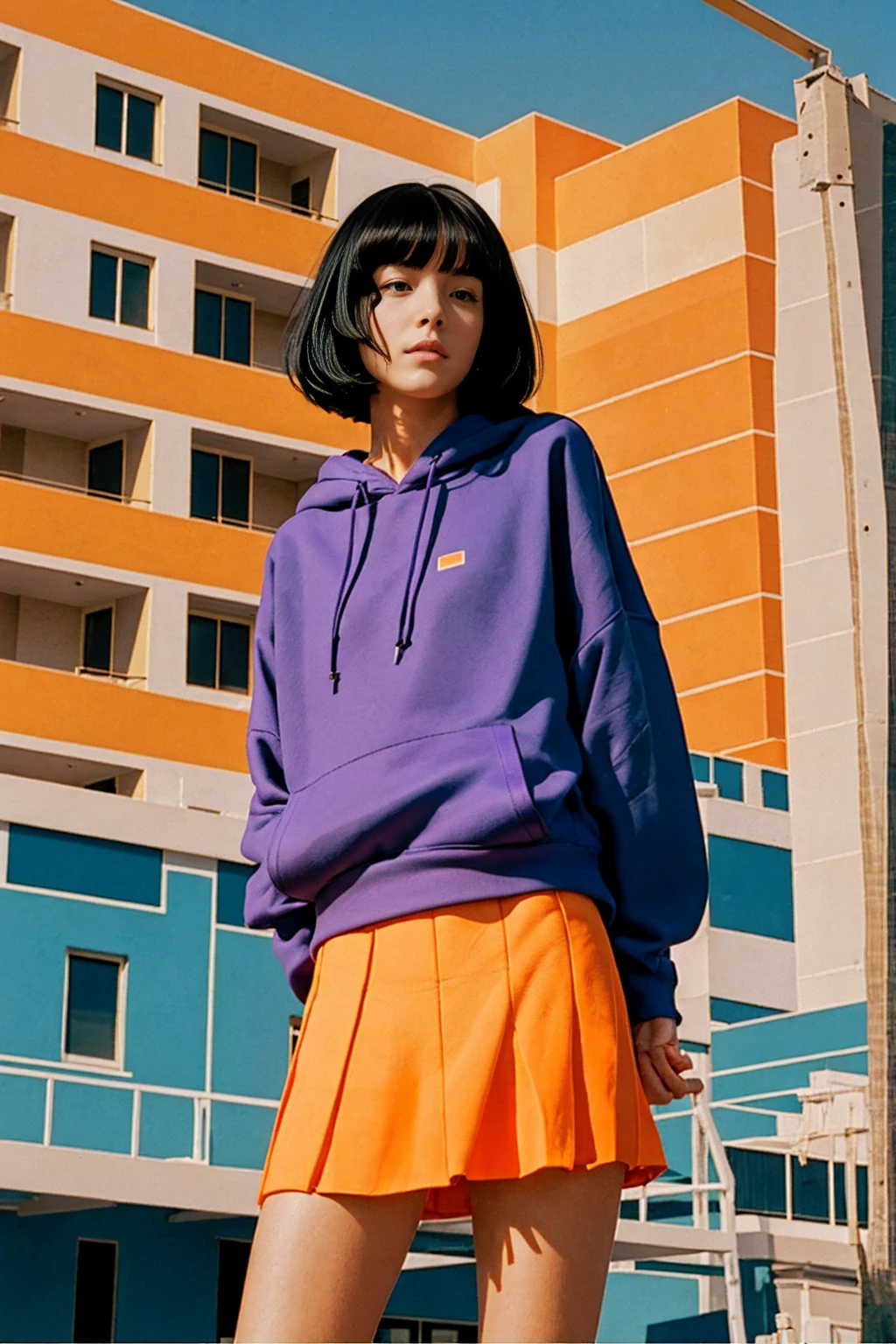 long shot portrait of cute 23 yo girl ,wear ((orange color oversized_hoodie)), wear ((purple tennis skirt)),looking front,Best Quality,Masterpiece,Ultra High Resolution,(Realisticity:1.4),Original Photo, 1Girl, light leak,ultra high resolution,UHD,beautiful, (black bob hair), almond eye, no makeup, in front of (80's mondrian architecture motel), (realistic:1.2), (surreal:1.3), (very detailed:1.1), ((masterpiece)),summer, blue sky, palm trees,sunny, los angles vibes,film camera, 800mm lens,style of Philip Lorca diCorcia