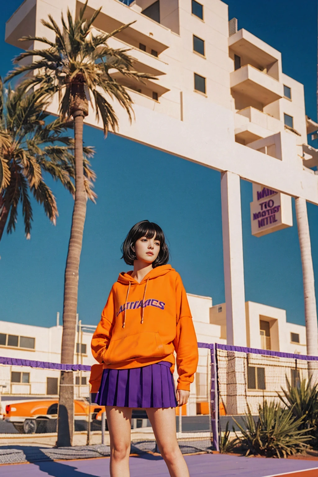 long shot portrait of cute 23 yo girl ,wear ((orange color oversized_hoodie)), wear ((purple tennis skirt)),looking front,Best Quality,Masterpiece,Ultra High Resolution,(Realisticity:1.4),Original Photo, 1Girl, light leak,ultra high resolution,UHD,beautiful, (black bob hair), almond eye, no makeup, in front of (80's mondrian architecture motel), (realistic:1.2), (surreal:1.3), (very detailed:1.1), ((masterpiece)),summer, blue sky, palm trees,sunny, los angles vibes,film camera, 800mm lens,style of Philip Lorca diCorcia