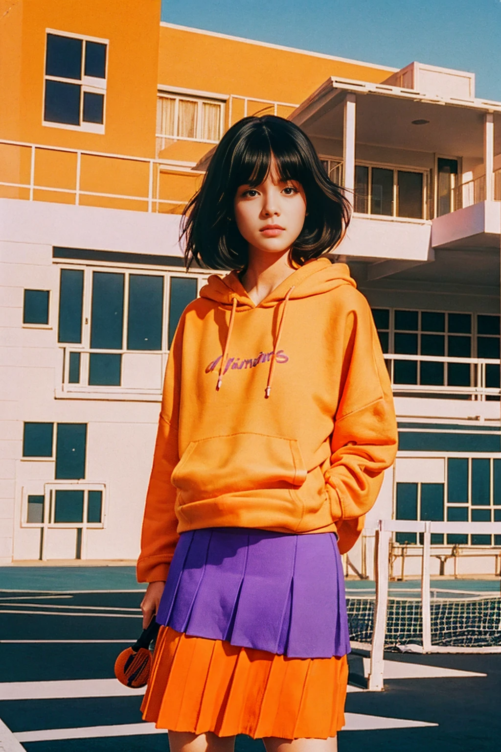 long shot portrait of cute 23 yo girl ,wear ((orange color oversized_hoodie)), wear ((purple tennis skirt)),looking front,Best Quality,Masterpiece,Ultra High Resolution,(Realisticity:1.4),Original Photo, 1Girl, light leak,ultra high resolution,UHD,beautiful, (black bob hair), almond eye, no makeup, in front of (80's mondrian architecture motel), (realistic:1.2), (surreal:1.3), (very detailed:1.1), ((masterpiece)),summer, blue sky, palm trees,sunny, los angles vibes,film camera, 800mm lens,style of Philip Lorca diCorcia
