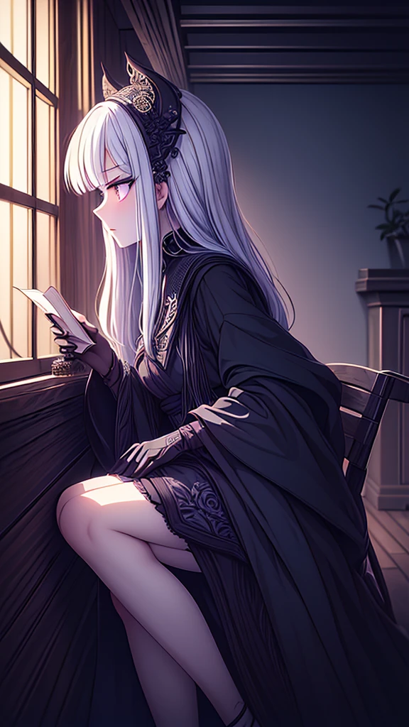 ((best quality)), ((masterpiece)), (detailed), une fille, visage parfait, Longhaire, ((golden hair)), curly hair, decorated cheveux, ultramarine blue eyes,(

Name: Yumeko Umbrasque
Element: UMBRANOX
Description: The Enigmatic Shadow Weaver. Guardian of the hidden forest of Yomi, Yumeko is a solitary, enigmatic figure with the power to control darkness and manipulate shadows. His mysterious demeanor hides a deep sense of duty and protection towards his forest home and its inhabitants.
Prompt: ((((Mysterious, enigmatic, elegant, detailed)))), 1girl, sitting, (dark hair, long and wavy, black), ((glowing eyes, red)), (((ultra detailed face, beautiful eyes, detailed facial features))), ((side view)), (indoor, dimly lit, sitting on a rocking chair, surrounded by shadows)), medium breasts, looking at a book, (clasping a staff with shadows on it), ((thoughtful expression)), ((wearing a long, hooded cloak with intricate patterns)), ((hands resting on knees)), deep eyes, dramatic lighting, indoor, mystical, background, ((defined subject)), 300 years old, ((deep in thought)), (((wispy, misty aura))), ((serene)), (((medium contrast)))

)
