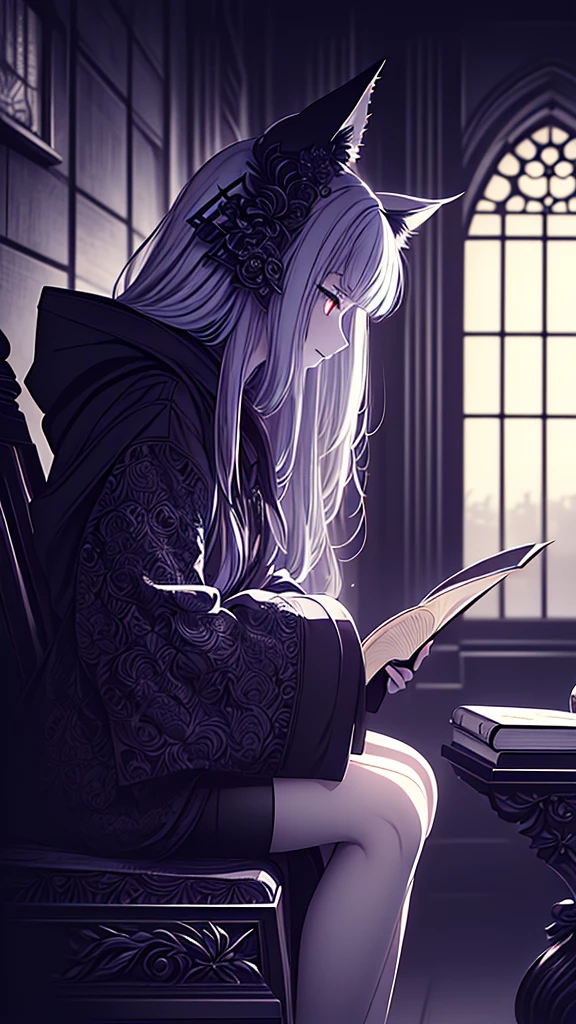 ((best quality)), ((masterpiece)), (detailed), une fille, visage parfait, Longhaire, ((golden hair)), curly hair, decorated cheveux, ultramarine blue eyes,(
Name: Yumeko Umbrasque
Element: UMBRANOX
Description: The Enigmatic Shadow Weaver. Guardian of the hidden forest of Yomi, Yumeko is a solitary, enigmatic figure with the power to control darkness and manipulate shadows. His mysterious demeanor hides a deep sense of duty and protection towards his forest home and its inhabitants.
Prompt: ((((Mysterious, enigmatic, elegant, detailed)))), 1girl, sitting, (dark hair, long and wavy, black), ((glowing eyes, red)), (((ultra detailed face, beautiful eyes, detailed facial features))), ((side view)), (indoor, dimly lit, sitting on a rocking chair, surrounded by shadows)), medium breasts, looking at a book, (clasping a staff with shadows on it), ((thoughtful expression)), ((wearing a long, hooded cloak with intricate patterns)), ((hands resting on knees)), deep eyes, dramatic lighting, indoor, mystical, background, ((defined subject)), 300 years old, ((deep in thought)), (((wispy, misty aura))), ((serene)), (((medium contrast)))
)
