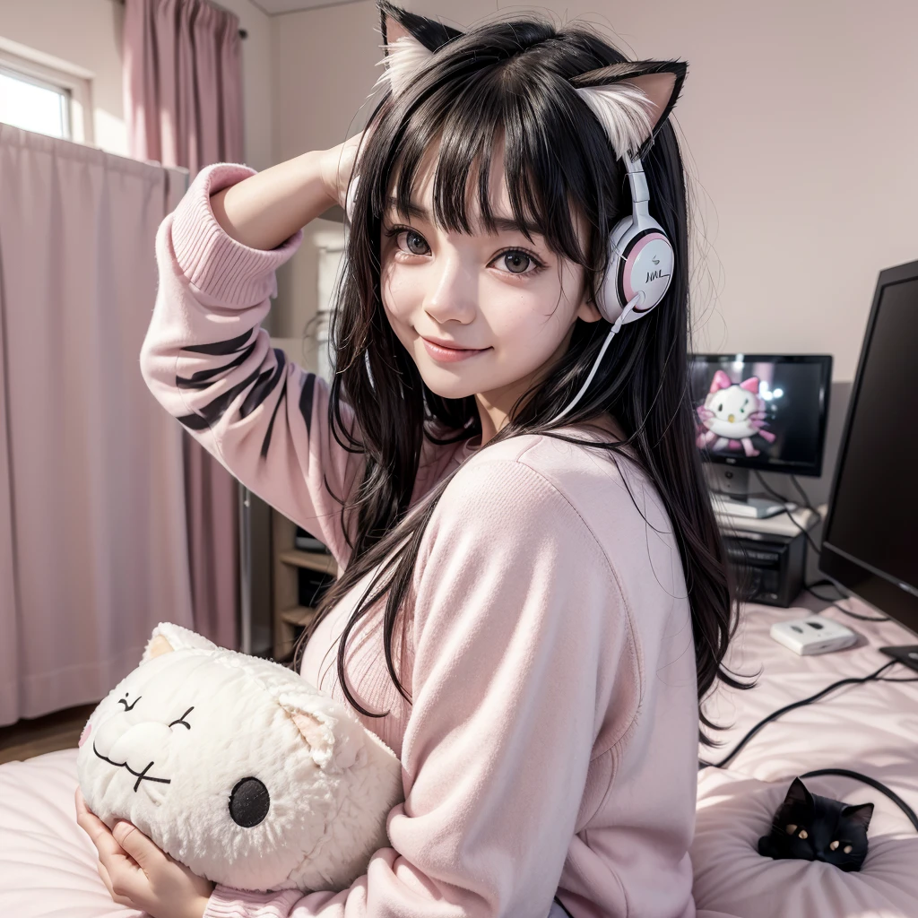((best qualityer)), ((work of art)), (detailded), ((1 girl)), 18-years old,ombro to ombro sweater, ((white skin)), black eyes, ((wavy black hair with bangs)), casual style clothes, anime print blouse, wearing cat ear headphones,background a pink gamer room, ((no people in the background)), looking straight ahead,realisitic,Smiling for the camera,waving,in the background on the right side your bed with stuffed animals on top,Kuromi and Hello Kitty plush,on the left side a gaming computer,((pink and white room)),perfect body