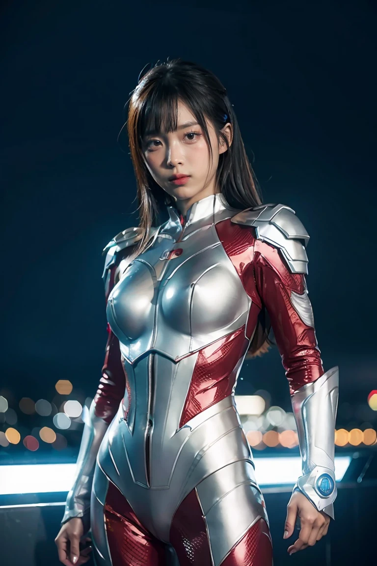 ultraman、realistic、realistic、movie light, Young woman in a shiny red and silver suit、 years、professional photos、wear&#39;Don&#39;t expose your skin., Japanese model, Japanese CGI、ultraman Suit、, Power Rangers set、Tight and thin cyber suit,Has rubber all over.、there&#39;s pink there、 delicate body, big breasts、small ass、thin thighs、Thin arms、Thin waist、camel toe、Both sides of the cybersuit cling to the skin.、Big eyes、black short hair、Facing the front、Facing the front立っている、A glowing sphere is embedded in the chest..、essay exam、 blue sky background