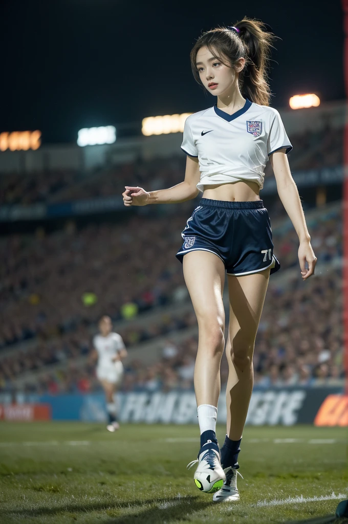 (((best quality))),(((ultra detailed))),(((masterpiece))),illustration,((1 beautiful girl,female footballer,solo)),((small breasts,flat chest)),((slim,thin)),summer night,stadium,crowded stands,enthusiastic spectators,football match,(short ponytail:1.2),(short sleeves:1.2),((England team kit,white shirt,Navy shorts)),(slender legs:1.2),(football:1.3),fluid movements,powerful,sweat,forehead,exhaustion,passion for football,purposeful running,electric atmosphere,crowd roar,critical juncture,pressure,undeterred,floodlights,luminous glow,long shadows,drama,breathtaking sight,raw passion,unbridled energy,determination,skill,embodiment of sport's spirit,strength,resilience of human spirit,(standing:1.3),((from front,full body))