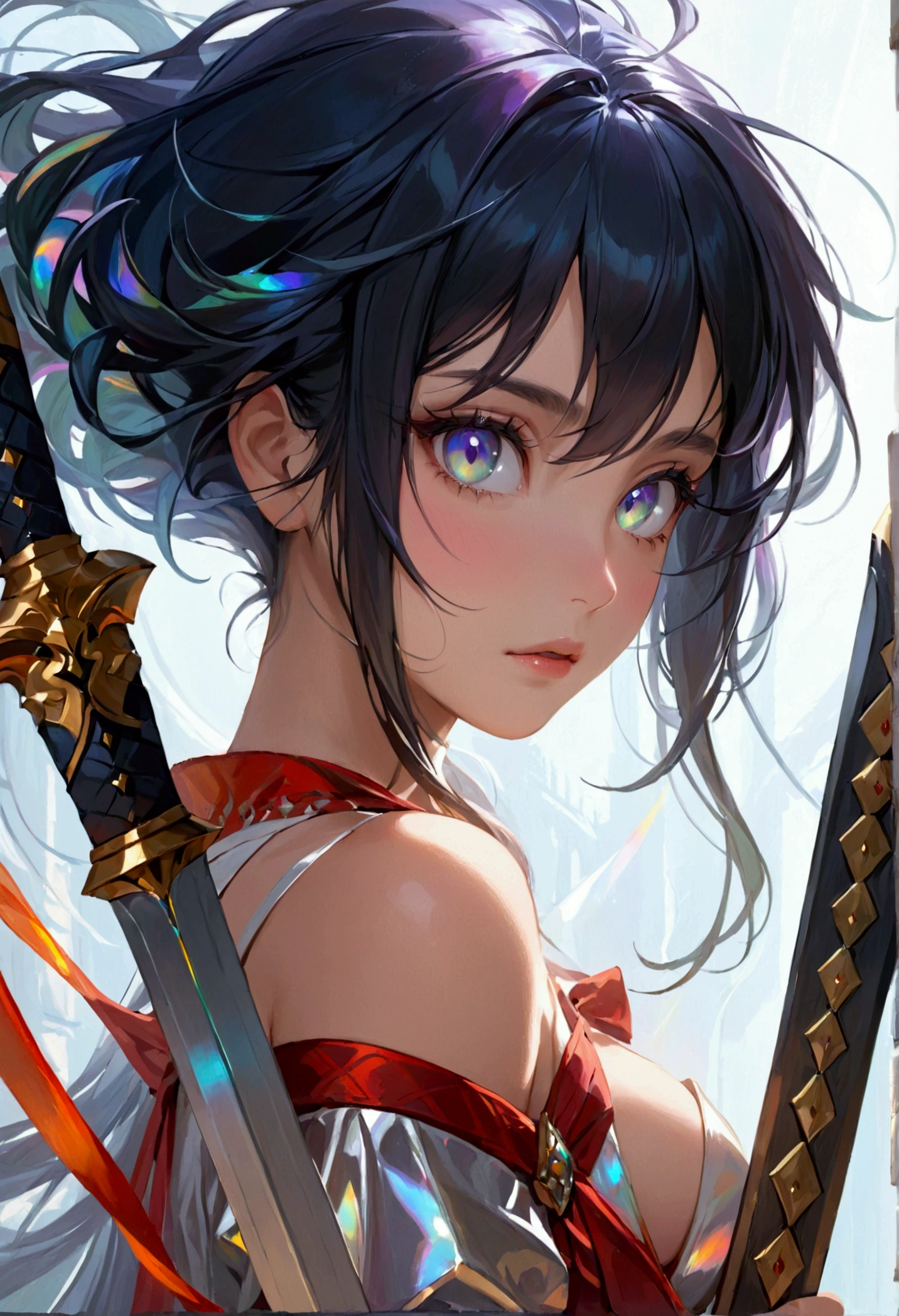 (masterpiece), best quality, expressive eyes, perfect face, Girl,long dark iridescent hair, iridescent eyes, small waist, small , large thighs,holding two swords, looking majestic