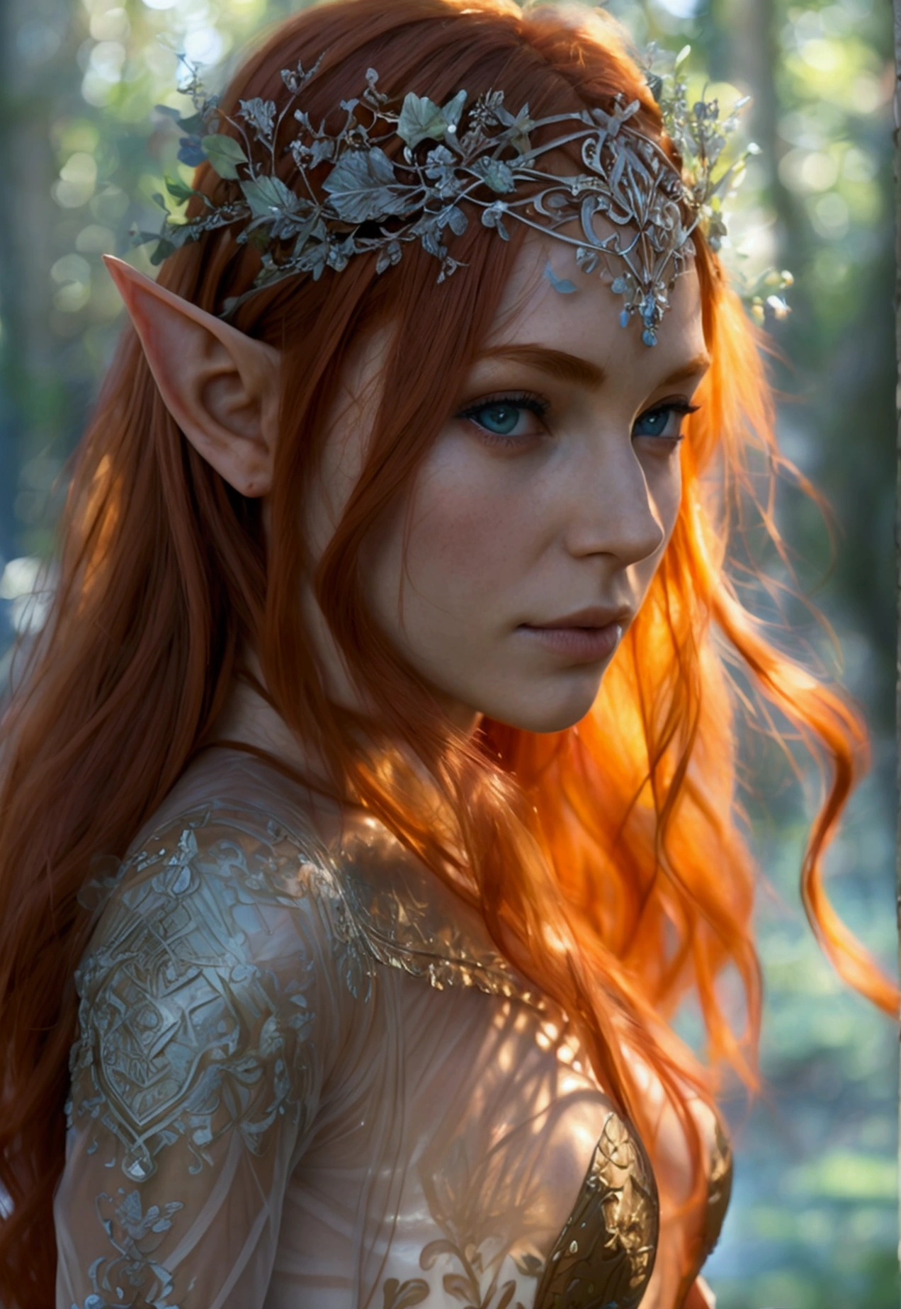 ​masterpiece, a beautiful elf, (delicate transparent armor), (medium breasts), beautiful facefucking face, (perfect body), (red hair), outside, (Skin texture:1.1), best quality, ultra high resolution, RAW-Foto, Nikon D850, Contre-Jour, rim light, bright sunlight, film grain:1.2, (warm hue, warmer Ton:1.2), (color photo), Fantasy, seethrough dress showing nipples, clit, cameltoe