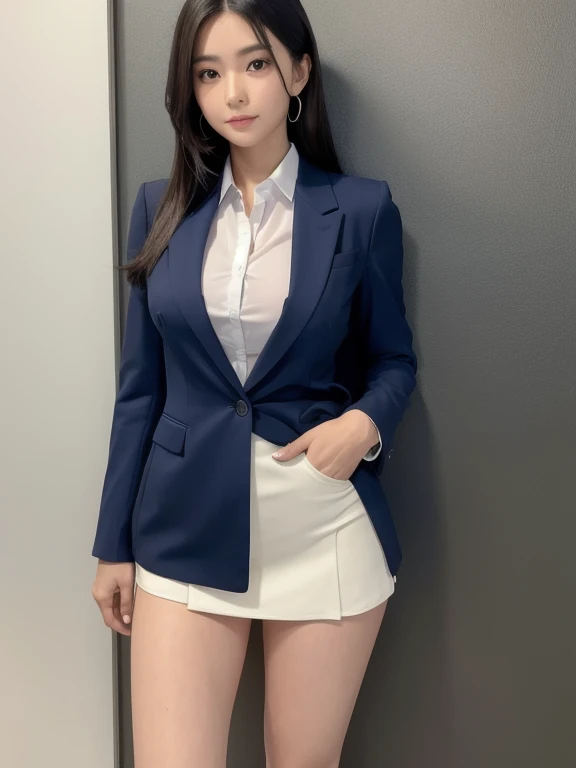 The most beautiful actresses in the world, she is a 19 year old woman, Perfect body proportions for this girl in a tight skirt suit, The only exposed skin on this woman is below the crotch, The blazer is worn over a formal shirt that exposes her large breasts., Only 1cm of her crotch is visible under her short skirt, Her bare thighs, Her bare knees, Under her shins、It's outside the frame of this photo, Her head is just below this frame., Her whole body is facing directly towards the viewer, On the shore of the lake, She is standing, Browsing Caution, Highest quality, Very detailed, masterpiece, Ultra-high resolution, Photo Real, 8K, RAW Photos、smile、