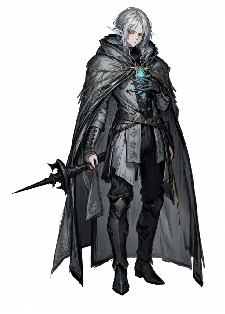 1boy, elf , silver hair, yellow eyes, warlock, necromancer, nice clothes, (high resolution, high detail, best quality) , serious