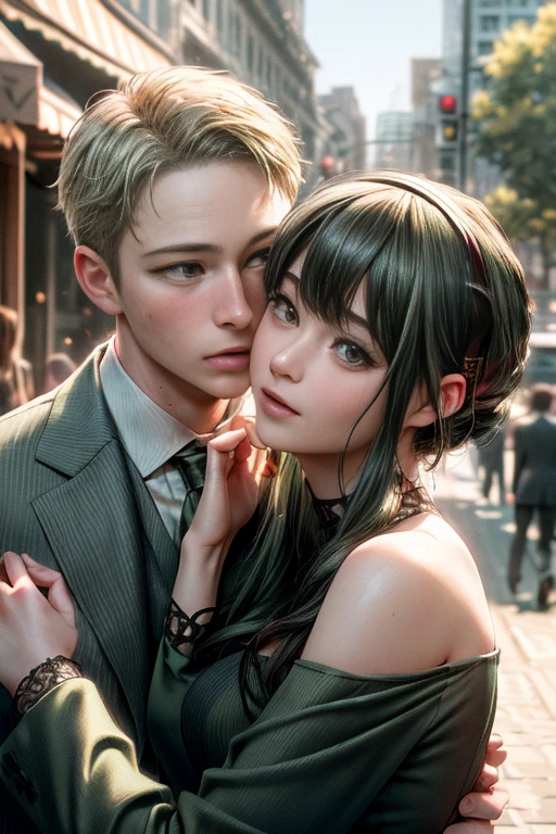 (realistic, photo-realistic:1.4), (masterpiece, best quality:1.2), high resolution, intricate details, extremely detailed, realistic and sharp details, couple, hetero, (1girl, hairband, black dress), (1boy wearing business suit, light green suit), couple hugging each other, (kissing:1.2), photo background, outdoors, 