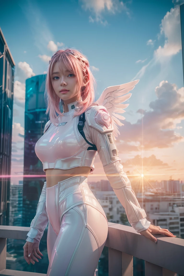 ((masterpiece, best quality, extremely detailed), volumetric lighting, ambient occlusion, colorful, glowing), 
1girl, solo, young girl, (pink hair), long hair, halo, aura, sacred, godness, cyber suit, (white outfit:1.3), android, bot, angel wings,
outdoors, sunset, sky, clouds, space, (cyberpunk theme:1.2),