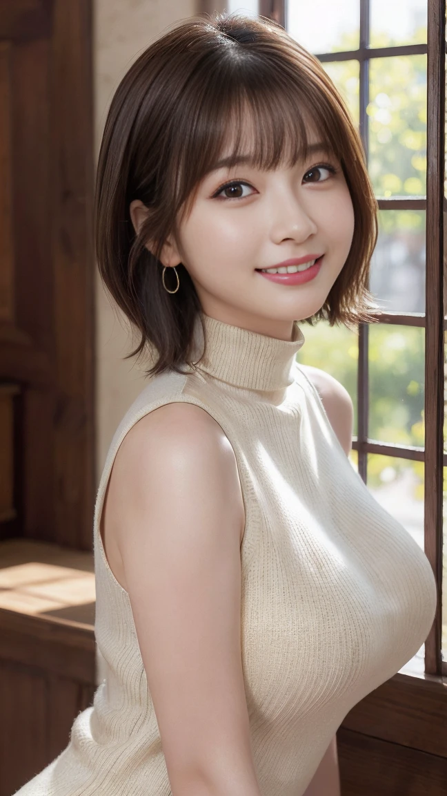 Highest quality, masterpiece, Ultra-high resolution, (Realistic:1.4), Beautiful woman, ((Big Breasts:1.3)), (((Short Bob))), (((Brown ash))), Beautiful Skin, Fine skin, 魅惑的なsmile, Background blur, smile, Hair over the ears, beautiful girl, Fair skin, Voluptuous, Plump body, (Highest quality、Tabletop、8K、Best image quality、Award-winning works)、1 female、(Perfect sleeveless turtleneck knit sweater dress in random colors:1.3)、(short hair:1.1)、(Baby Face:1.2)、最大のsmileが私を見て、(Big Breasts:1.2)、Exactly、(Accentuate your body lines:1.2)、Low length、(Glamorous Body:1.2)、(Chubby body type:1.2)、優雅で美しい窓辺にStanding Elegantly.、(Standing Elegantly:1.2)、(Elegant and beautiful curtains:1.1)、(Perfectly organized and beautiful windows in a new home:1.1)、Refresh Window、(A refreshing view from the window:1.1)、New beautiful wall、Natural Makeup、Ultra-high definition beauty face、Ultra HD Hair、Ultra-high definition sparkling eyes、(Ultra-high resolutionの光沢の肌:1.1)、Ultra-high quality glossy lips、(Accurate anatomy:1.1)、(very bright and vivid:1.4)、(Bright and beautiful skin:1.4)