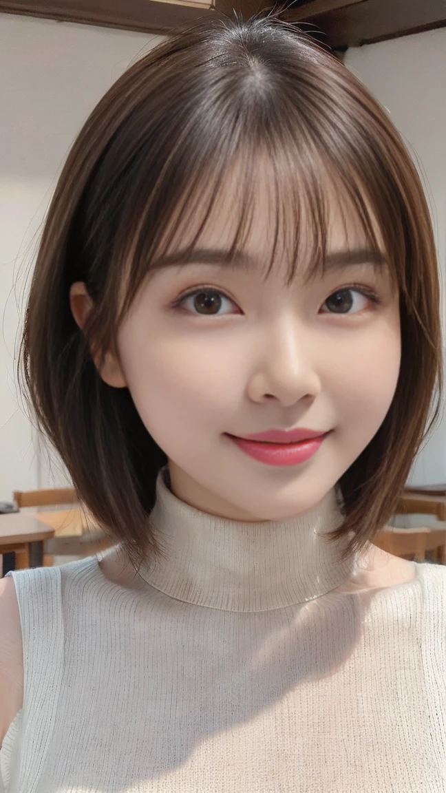 Highest quality, masterpiece, Ultra-high resolution, (Realistic:1.4), Beautiful woman, ((Big Breasts:1.3)), (((Short Bob))), (((Brown ash))), Beautiful Skin, Fine skin, 魅惑的なsmile, Background blur, smile, Hair over the ears, beautiful girl, Fair skin, Voluptuous, Plump body, (Highest quality、Tabletop、8K、Best image quality、Award-winning works)、1 female、(Perfect sleeveless turtleneck knit sweater dress in random colors:1.3)、(short hair:1.1)、(Baby Face:1.2)、最大のsmileが私を見て、(Big Breasts:1.2)、Exactly、(Accentuate your body lines:1.2)、Low length、(Glamorous Body:1.2)、(Chubby body type:1.2)、優雅で美しい窓辺にStanding Elegantly.、(Standing Elegantly:1.2)、(Elegant and beautiful curtains:1.1)、(Perfectly organized and beautiful windows in a new home:1.1)、Refresh Window、(A refreshing view from the window:1.1)、New beautiful wall、Natural Makeup、Ultra-high definition beauty face、Ultra HD Hair、Ultra-high definition sparkling eyes、(Ultra-high resolutionの光沢の肌:1.1)、Ultra-high quality glossy lips、(Accurate anatomy:1.1)、(very bright and vivid:1.4)、(Bright and beautiful skin:1.4)
