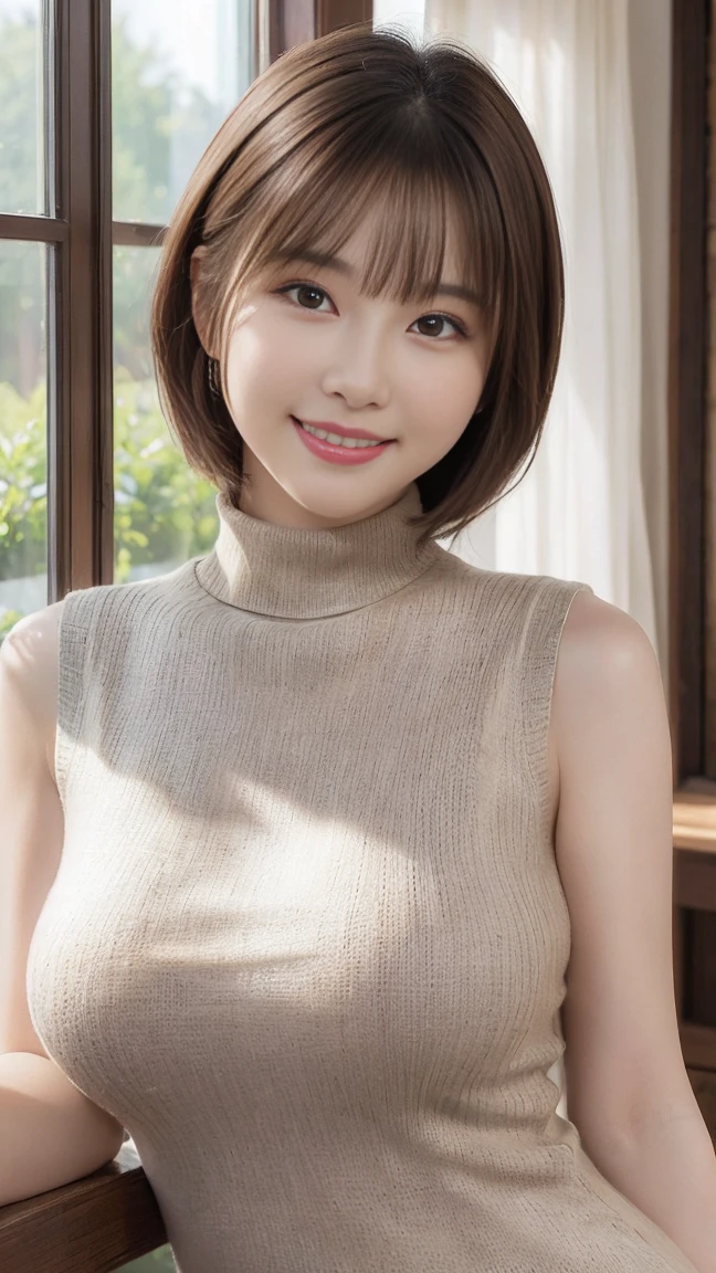 Highest quality, masterpiece, Ultra-high resolution, (Realistic:1.4), Beautiful woman, ((Big Breasts:1.3)), (((Short Bob))), (((Brown ash))), Beautiful Skin, Fine skin, 魅惑的なsmile, Background blur, smile, Hair over the ears, beautiful girl, Fair skin, Voluptuous, Plump body, (Highest quality、Tabletop、8K、Best image quality、Award-winning works)、1 female、(Perfect sleeveless turtleneck knit sweater dress in random colors:1.3)、(short hair:1.1)、(Baby Face:1.2)、最大のsmileが私を見て、(Big Breasts:1.2)、Exactly、(Accentuate your body lines:1.2)、Low length、(Glamorous Body:1.2)、(Chubby body type:1.2)、優雅で美しい窓辺にStanding Elegantly.、(Standing Elegantly:1.2)、(Elegant and beautiful curtains:1.1)、(Perfectly organized and beautiful windows in a new home:1.1)、Refresh Window、(A refreshing view from the window:1.1)、New beautiful wall、Natural Makeup、Ultra-high definition beauty face、Ultra HD Hair、Ultra-high definition sparkling eyes、(Ultra-high resolutionの光沢の肌:1.1)、Ultra-high quality glossy lips、(Accurate anatomy:1.1)、(very bright and vivid:1.4)、(Bright and beautiful skin:1.4)