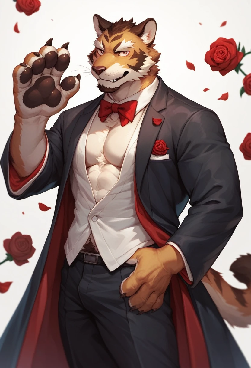 Water element, 1 boy, Kimono, furry, Detailed body hair, animal face, Animal Hands, A handsome young man in a tuxedo holds a red rose and looks at the audience.,
