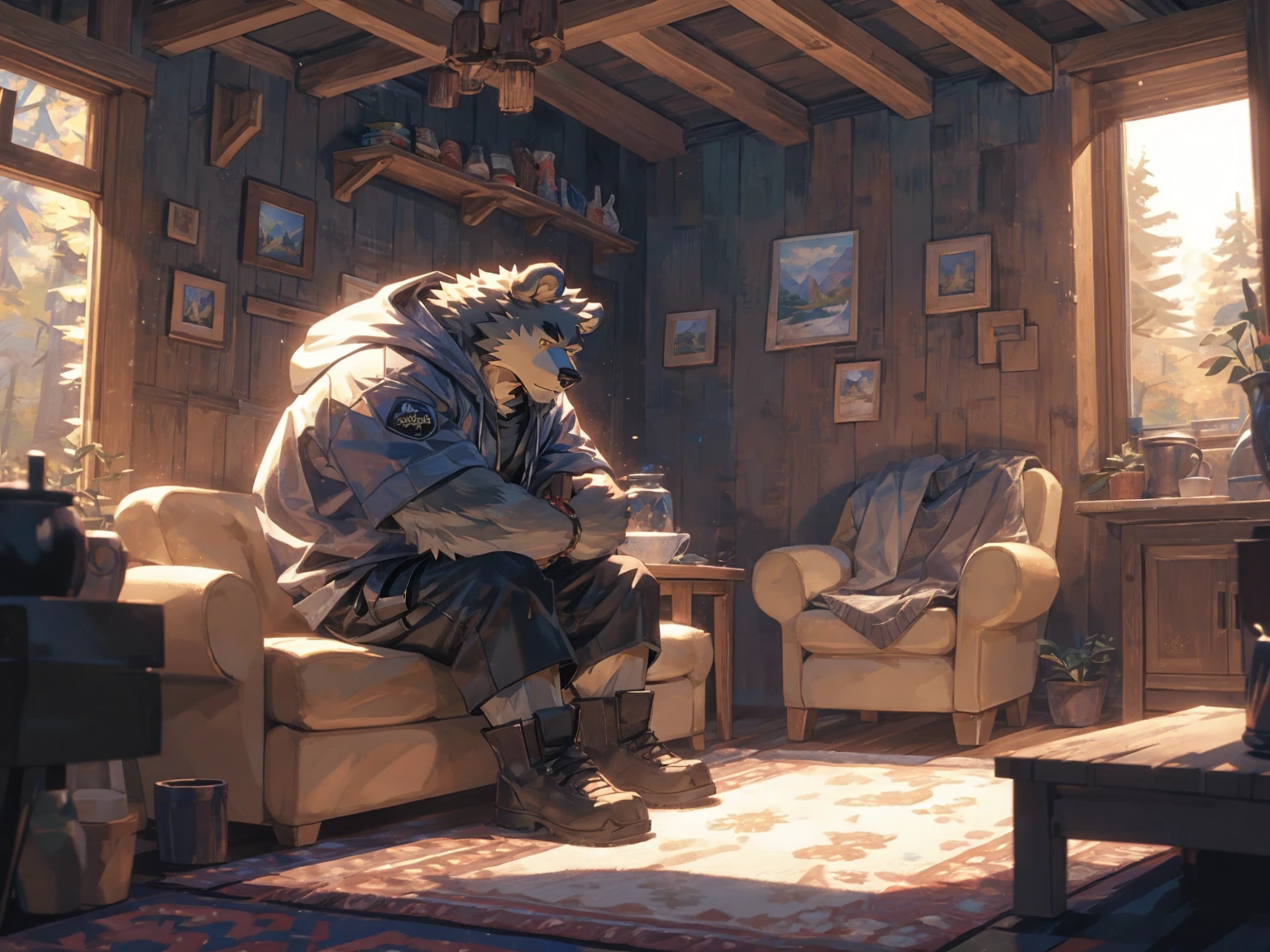 (masterpiece:1.2), best quality,pixiv,official art,perfect anatomy, (Ray tracing, light),solo, (1_male:1.3) , (muscle), (grey fur:1.4), (muscle bear), (beard:1.2), (gleaming golden eyes), bear tail, full body, Thick black eyebrows,(open hooded parka), (naked inside), (cargo shorts:1.2), boots, indoor, cabin , carpet , sitting on sofa , (lake land:1.3)