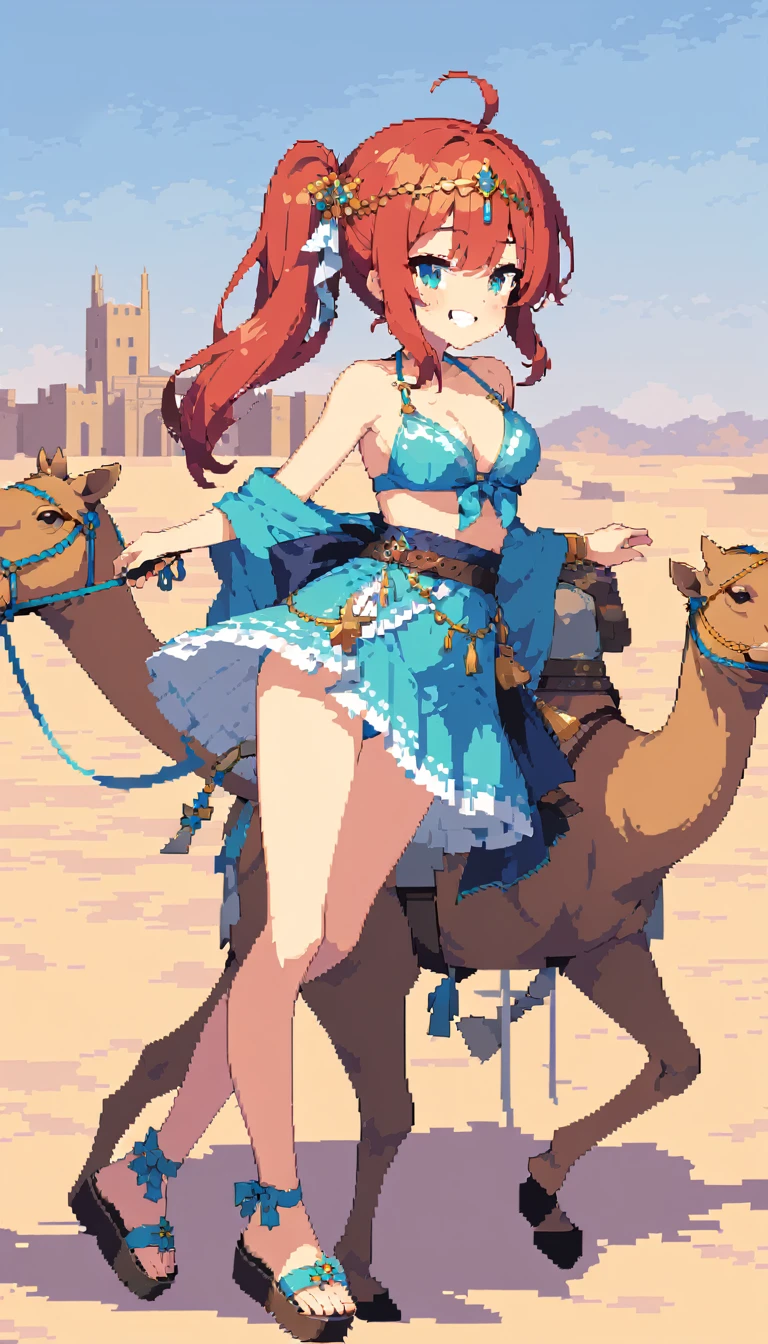 masterpiece, Highest quality, 8K, Pixel Art, ((One woman)), whole body, smile,  Showing teeth, Wink, Squinting, Red Hair, Hair swaying in the wind, Side Ponytail, Fluttering, Circlet, {{Jewelry decoration}} , Blue Vest, bikini, 際どいbikini, See-through pantaloons, Sandals, Obi sword at waist, Leather Belt, camel, camelに乗っている, desert, A stone castle in the distance, palace