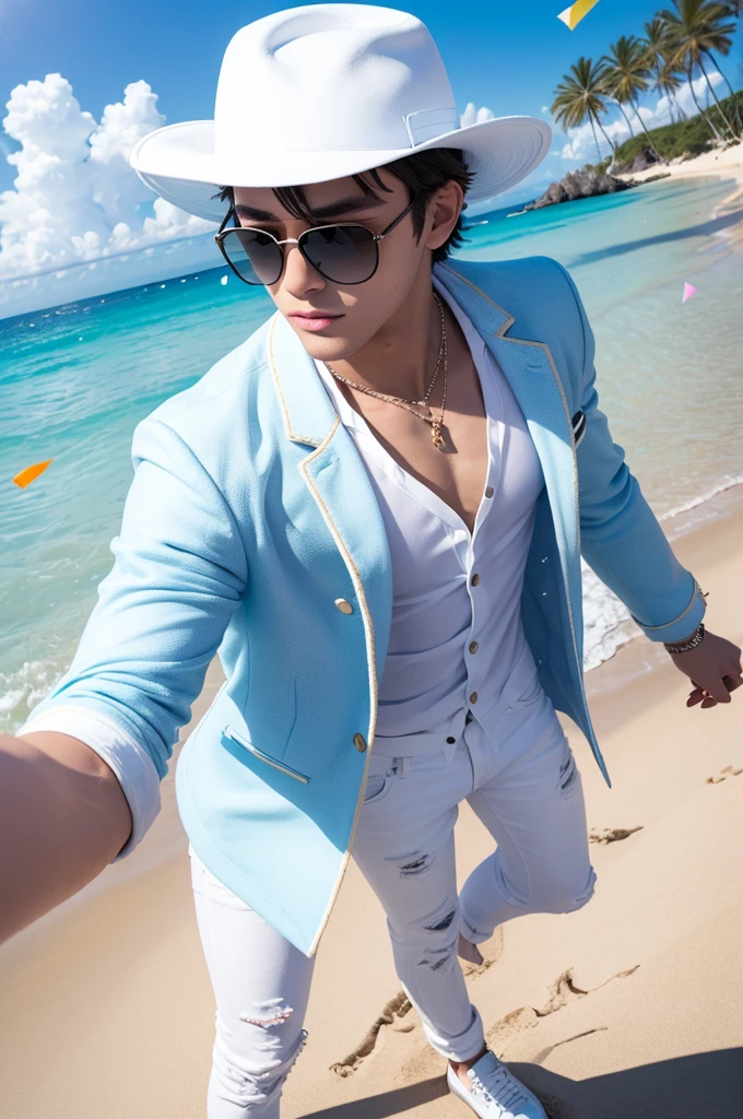 Stylish young guy wearing sunglasses on a shiny beach, using a white unicorn float and a white hat, with confetti decoration. Also a light blue fitted jacket and black jeans.
