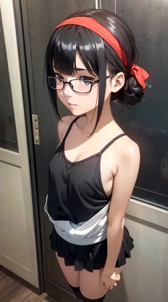 (masterpiece, Highest quality, It captures a very cute moment, Depth of written boundary, Super detailed, Ultra-high resolution, C4D, Octadale, 3D Modeling,Realistic human photos、 8K, 16K, One Girl,Middle school students, Small breasts,Black Hair,short hair,Straight Hair,Light brown eyes,White headband,Wearing black glasses,Cute face), Bloomers, Black tank top, zettai ryouiki, Wet clothes,Classroom Nights,Moonlight, Good elevator, Take off、Real-life skin、Not an anime、Realistic、Not an illustration