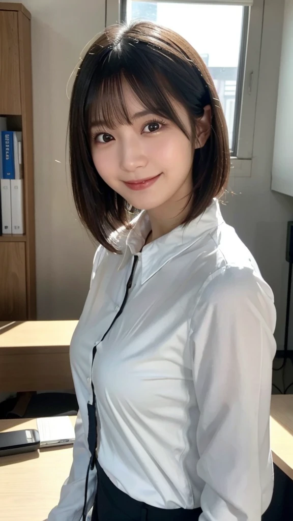 (Highest quality,masterpiece:1.3,Ultra-high resolution),(Very detailed,Caustics,8K),(Realistic:1.4,RAW shooting),1 Girl,(Smiling and looking at the camera),20-year-old,cute,Japanese,Short black hair,Medium Hair,long hair,Long sleeve blouse,big ,Bust up shot,office,officeレディー,Face Focus,sunlight,Natural light,(Backlight),(A bright light shines from behind),(Lens flare),Professional Writing,(Low position:1.1),(Low Angle:1.1)