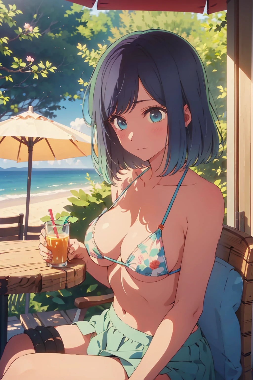 (Highest quality:1.4、masterpiece:1.4、Super detailed:1.4、8K:1.4)、((((1 person、Surprised expression、sit、Outdoor café terrace、coastal、juice、table、Sandy Beach、juiceのグラスを持つ、Micro Bikini、Very soft boobs、Big eyes、Very cute face))))、(spot lighting:1.4)、F cup bust、Medium breast、Underboob、Sideboob