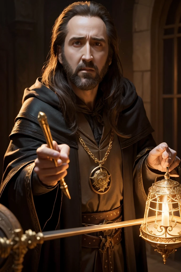 Create the image of a wizard and use references to the character Balthazar played by Nicolas Cage in Disney'is the Sorcerer'apprentice.