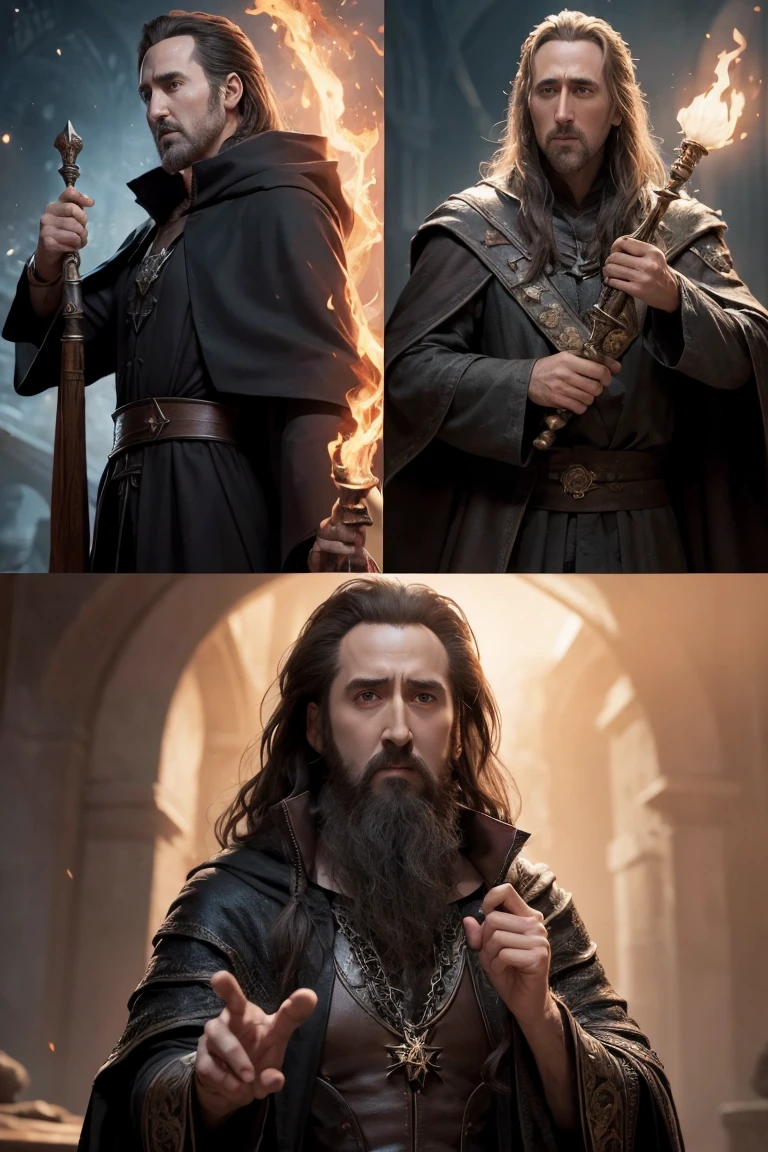 Create the image of a wizard and use references to the character Balthazar played by Nicolas Cage in Disney'is the Sorcerer'apprentice.