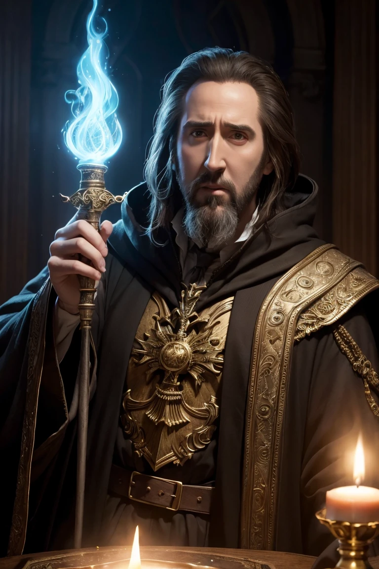 Create the image of a wizard and use references to the character Balthazar played by Nicolas Cage in Disney'is the Sorcerer'apprentice.