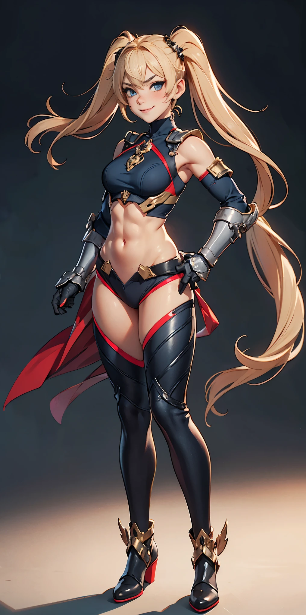 whole body, red breastplate, Redskin, looking at the viewer, bright,armor, Thighs, waders,shoulder armor, failures, Poland, gloves, gauntlets, Rerebrace armored boots, shoulder pads,(Masterpiece, Best Quality, ultra detailed, best shadow) yordle (1 girl)( Redskin:1.2) pointy ears muscular lean platinum blonde long twin-tails hairstyle at the office lustful smirking smile face red blushed, blush, strong abs, female bodybuilder, tiara, double hair drills