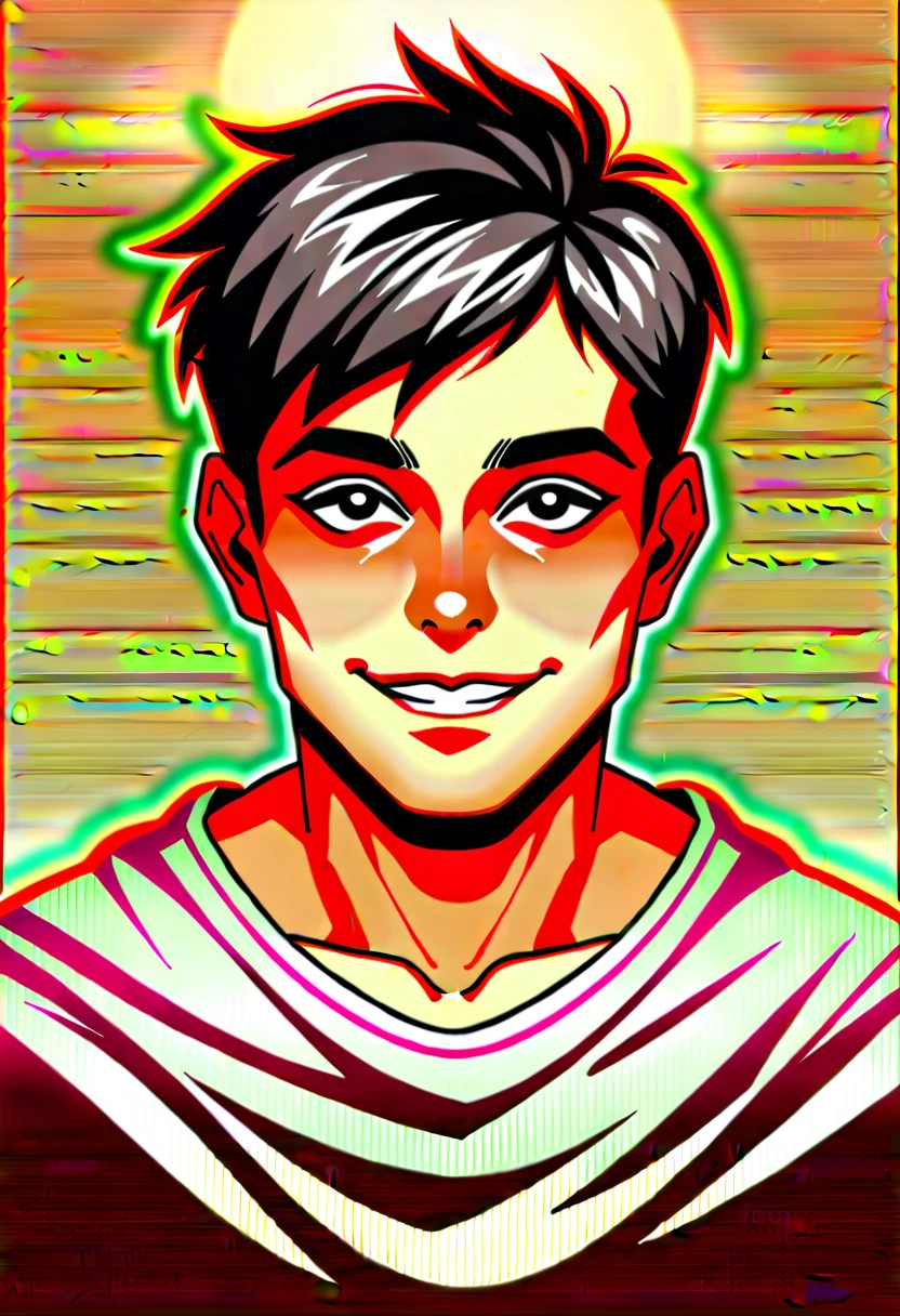 male, in-human smile, melting face, eye hanging out of socket, long short hair, eye balls the background. Glitches everywhere. Neon colors. Creepy intense background with blood
