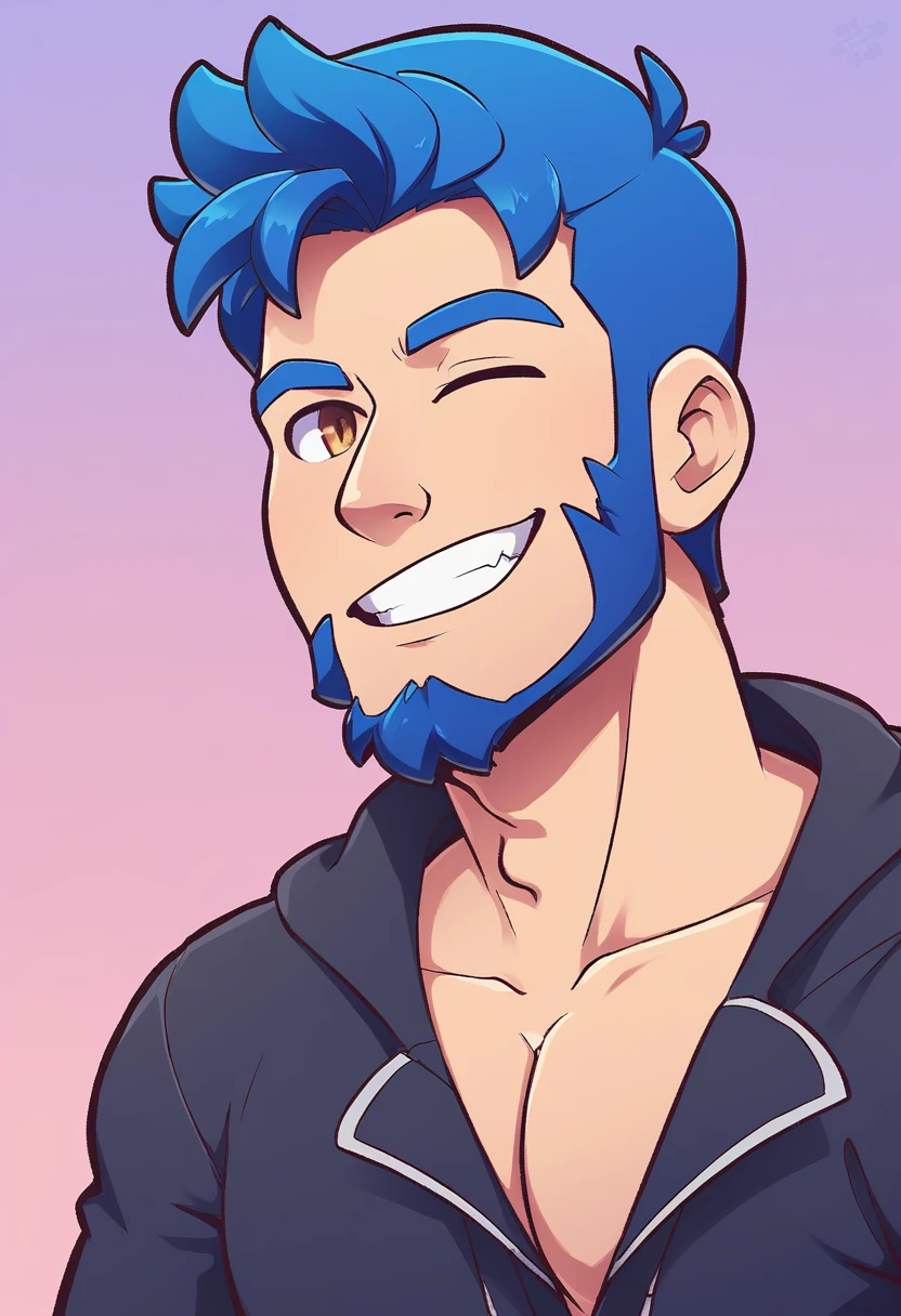 (resting on fruits) (Best Quality, 4k, 8k, high resolution, Masterpiece: 1.2), ultra detailed, Male portrait, medium closeup, very detailed face, detailed facial features, spectacular lighting, close-up, from above, anatomically correct, super detail, full blue beard and short blue hair, smile, wink