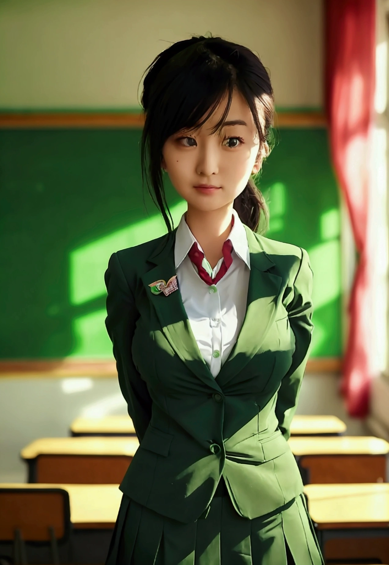 (high quality), (female teacher in green suit standing in classroom teaching), solo, 1 female, dark hair, medium hair, tied back, dark eyes, breasts showing, nipples, suit, tight skirt, classroom, teacher