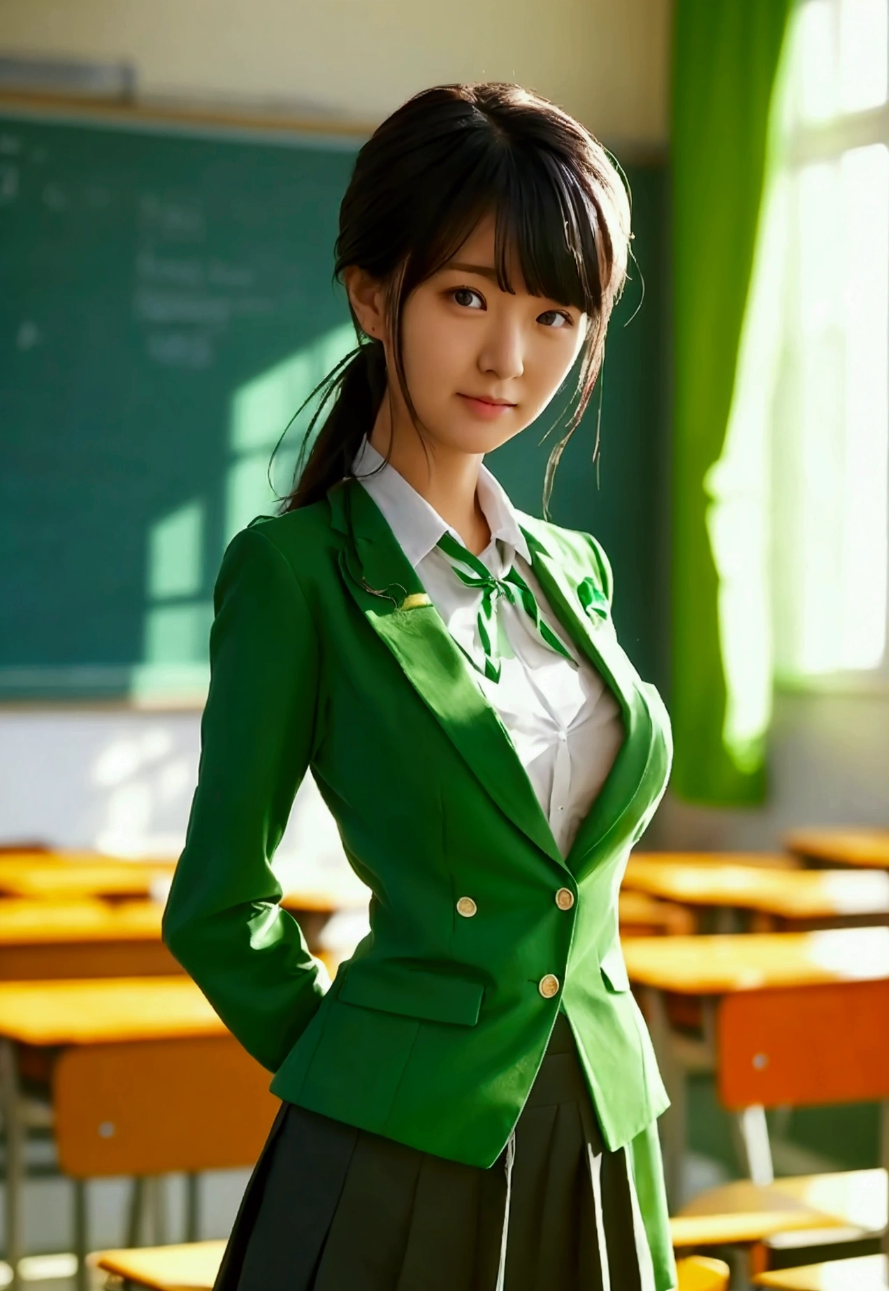(high quality), (female teacher in green suit standing in classroom teaching), solo, 1 female, dark hair, medium hair, tied back, dark eyes, breasts showing, nipples, suit, tight skirt, classroom, teacher