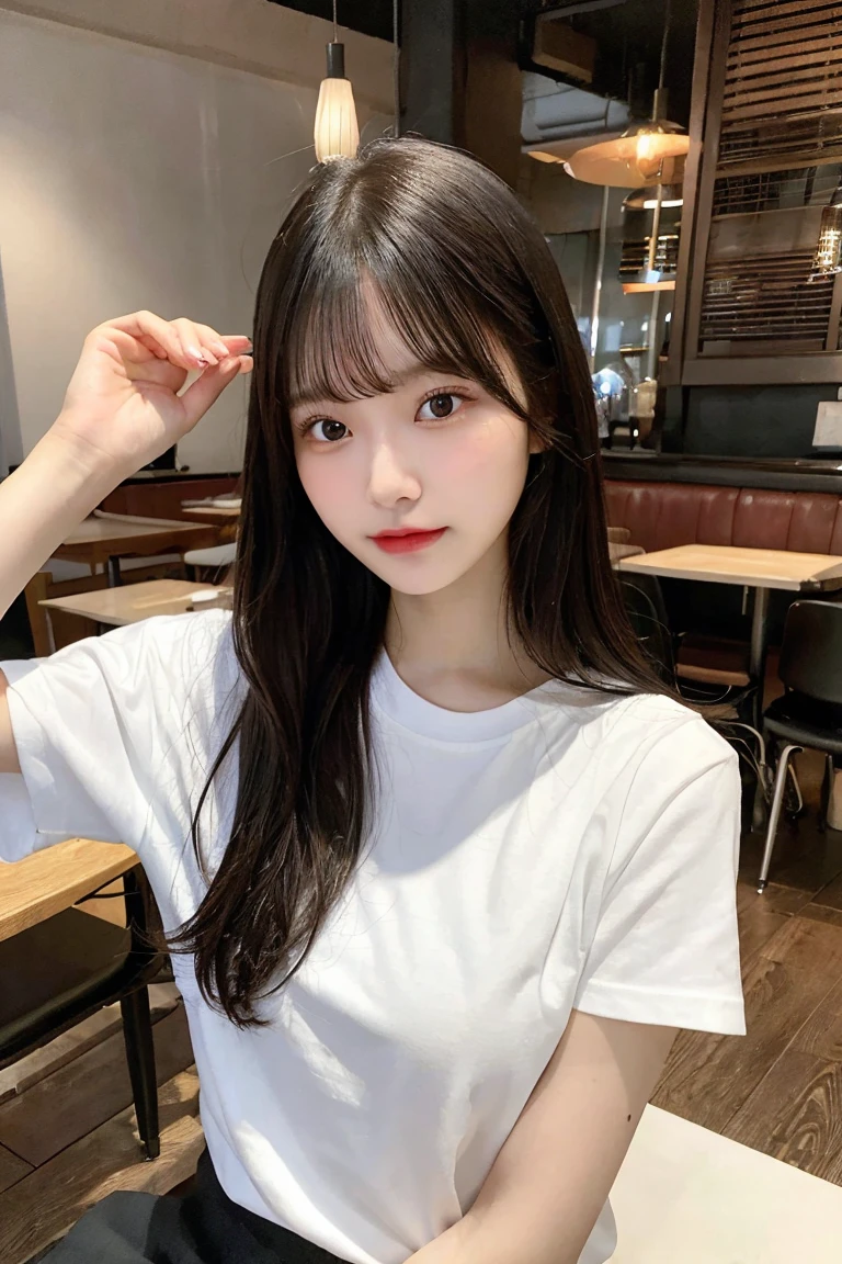 raw, high quality, cute girl, Highest image quality, selfie, drinking beer, glass, cheers, slender, long black hair, bang, Japanese girl, 20 years old, white T-shirt, perfect face, white skin, look at the camera, upper focus, in the restaurant, sitting the chair, 