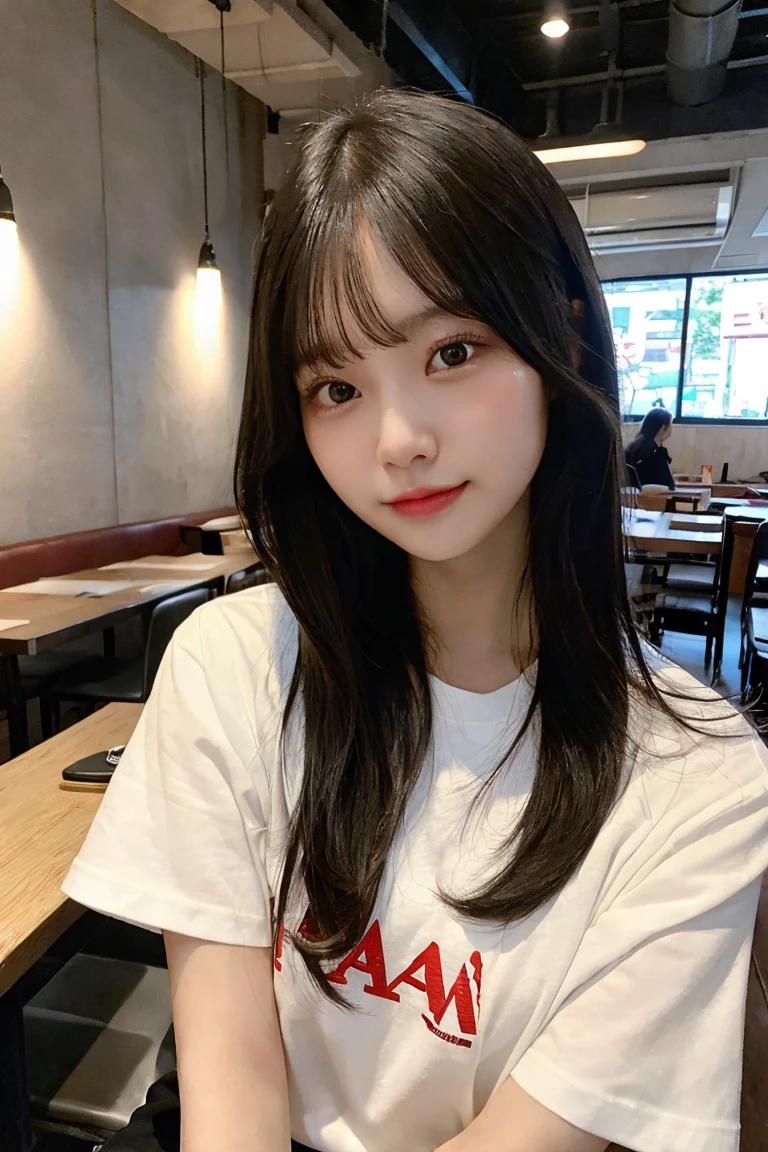 raw, high quality, cute girl, Highest image quality, selfie, drinking beer, glass, cheers, slender, long black hair, bang, Japanese girl, 20 years old, white T-shirt, perfect face, white skin, look at the camera, upper focus, in the restaurant, sitting the chair,