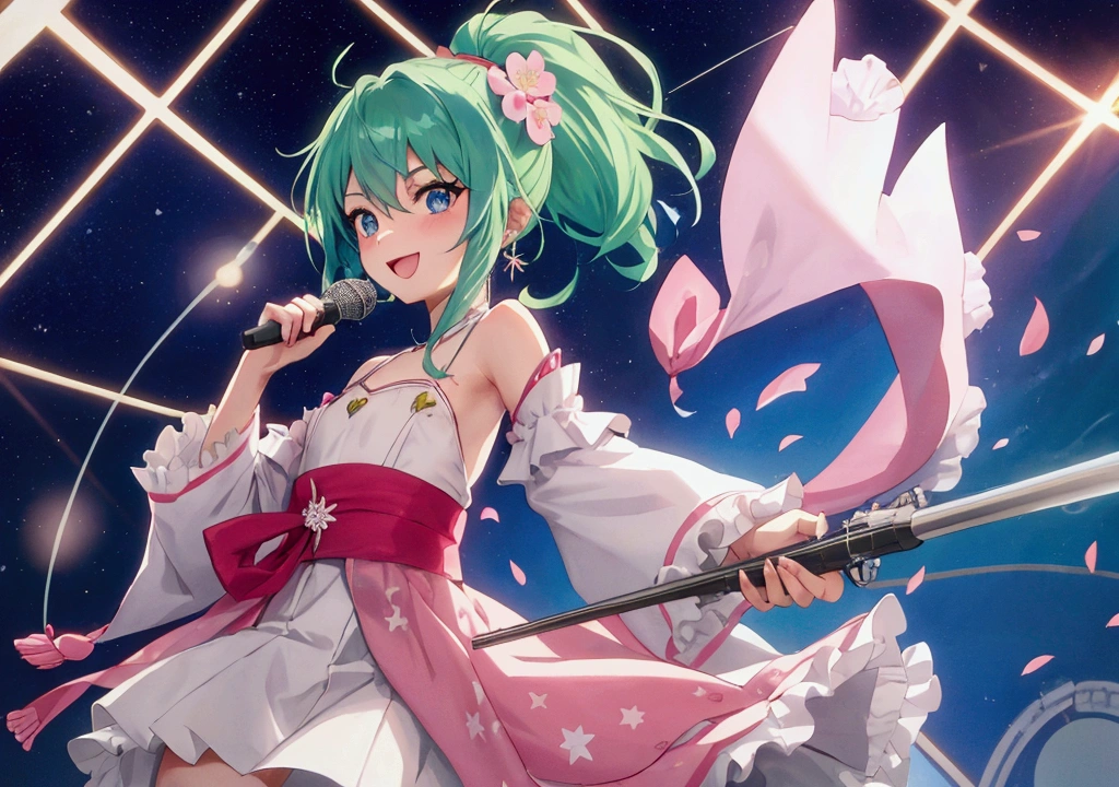 Animated woman with blue-green hair, arena, live music venue, singing, microphone, jumping,
break
Animation style, anime style, young anime woman, smiling, semi short hair, digital anime illustration, bangs, crystal hair, shiny hair 
break
white dress, snowflake earrings, serious, shining, reflected light, ((flat chest)), ((flat chest)) 
break
Guitar, long straight pink hair, droopy eyes, blue eyes, pink kimono with white frills, cherry blossom pattern, female
break
Gray hair, ponytail, 20s female, drums, playing,
