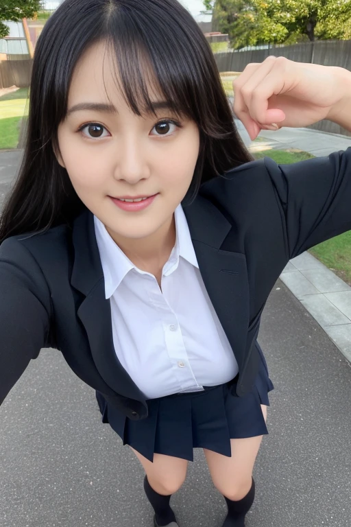 foreshortening,(realistic:1.5),(((masterpiece:1.2))), accurate, retina, anatomically correct, textured skin, ((super detail:1.2)), high quality:1.2, high details, ((best quality:1.2)), highres:1.2, 8k,(Detailed very beautiful face:1.4),(Very beautiful eye for detail:1.4),(Super detailed beautiful face:1.4,body:1.4,finger:1.4),gleam in one's eye:1.3,Japanese,one girl,Naturally breasts,drooping eyes,Eyes droop when smiling,a foolish or stupid look,(((Haruka Ayase))),Super long black hair,cosplay style,School Uniforms,16yo,outdoor, school yard,,,(Super detailed ,Beautiful Backgrounds,School Uniforms:1.5,ミニスカート,カラーデザイン,,natural make-up,wetting one's pants,online shopping,LUMINE® Market,Haruka Ayase just like),upper body shot,pussy line:1.3,zoom up,Front view:1.6, from below,nsfw,pov,embarrassment:1.3,show panties,