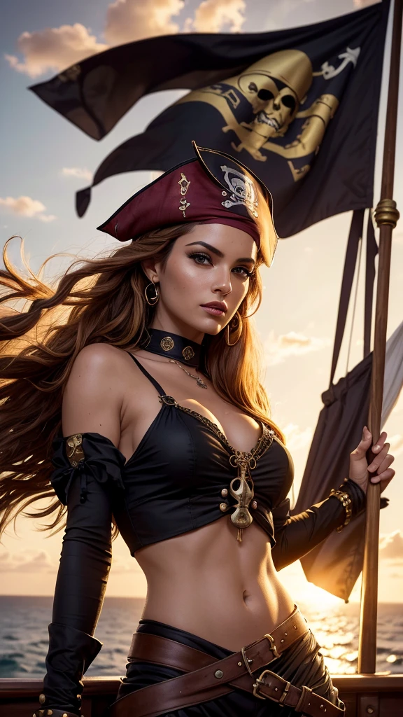 A beautiful pirate woman, detailed eyes, detailed lips, extremely detailed face, long eyelashes, pirate outfit, confident and fierce expression, standing on a ship's deck, overlooking the vast sea, pirate flag waving in the wind, golden sunset casting a warm glow on her, artistic oil painting style, high resolution masterpiece:1.2, rich colors, dramatic lighting.