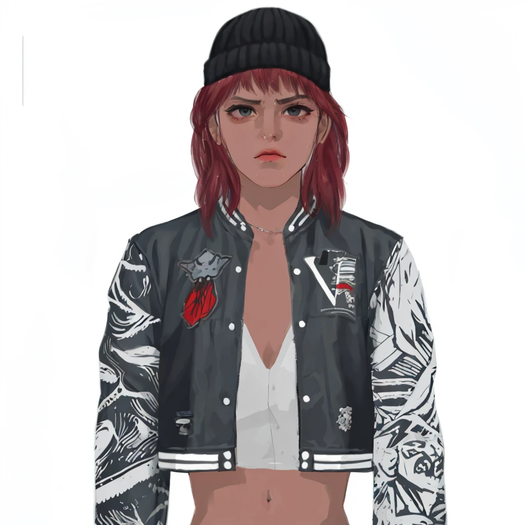 (masterpiece:1.2, best quality), (1girl, solo, upper body:1.2),angry face,Hair: buzz cut, Clothing: oversized, distressed denim jacket with patches and pins, paired with black skinny jeans and combat boots, Hanging out in an underground music venue or street art exhibit